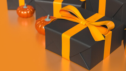 The Pumpkin and gift box for Halloween orHoliday concept 3d Rendering.