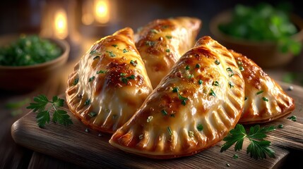 Goldenbrown baked empanadas on rustic wooden surface