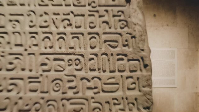 Ancient stone tablet with cuneiform writing on display in museum gallery. Mesopotamian artifact exhibition. Historical archeology and early civilization studies.