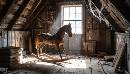 Forgotten Childhood A Rocking Horse in a Dusty Attic