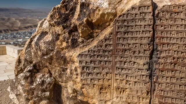 Ancient stone tablet with cuneiform script in desert landscape. Archaeological discovery of Sumerian or Babylonian inscription. Historical artifact from Mesopotamian civilization.