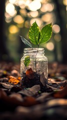 Young sprout in glass jar, surrounded by autumn leaves