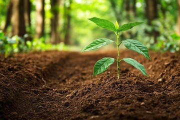 Young sprout in fertile soil, forest background