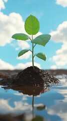 Young sprout in puddle, reflecting sky