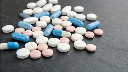 A scattering of medical pills&mdash;white, blue, and pale pink tablets and capsules&mdash;lies across a smooth, dark charcoal surface, arranged not randomly, but with subtle intention