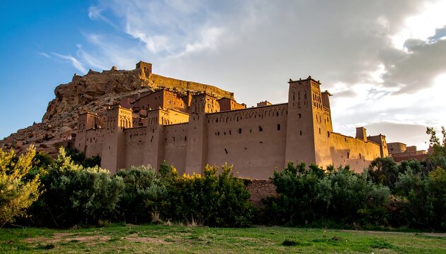 A vast, ancient fortress of terracotta hue stands sentinel against a backdrop of dramatic, sculpted hills bathed in the warm glow of a golden sunset.