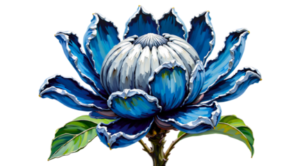 Watercolor Protea for Girls: Blue Protea with White Petal Tips — Isolate on Transparent Background