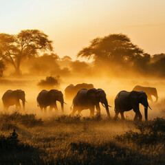 Fototapeta premium Majestic elephant herd crossing a misty savanna at sunrise, golden light casting long shadows, detailed textures, high-resolution wildlife photography, isolated background, National Geographic 