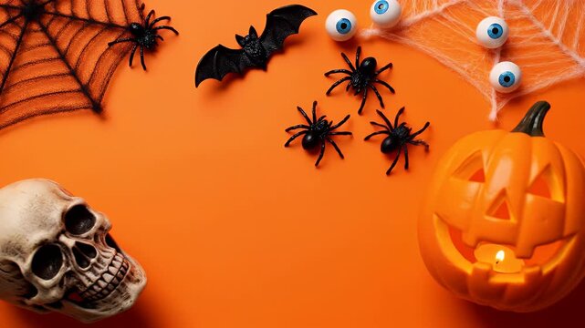 Creative Halloween arrangement with a glowing Jack-o'-lantern, creepy spiders, a skull, and bats, set on a bright orange background, perfect for festive holiday designs and invitations - Powered by Adobe