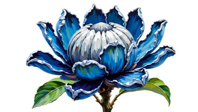 Watercolor Protea for Girls: Blue Protea with White Petal Tips — Isolate on Transparent Background