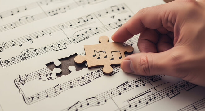 Musical puzzle piece being placed on sheet music with notes