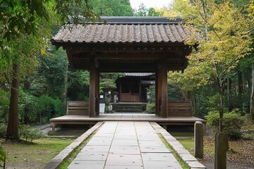 Obraz premium Wooden gate to serene Japanese temple garden