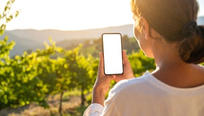 Woman holding phone with vineyard sunset.