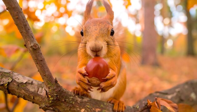 A close-up shot of a red squirrel holding a chestnut on a tree branch during autumn