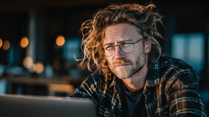 Obraz premium Young Professional Embracing Remote Work: Laptop in a Modern Minimalist Home Office with Natural Sunlight and Scandinavian Design, Realistic Capture