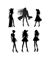 A set of fashion silhouettes, showcasing elegant women in stylish poses and outfits. The designs include figures in cocktail dresses and wide-brimmed hats.