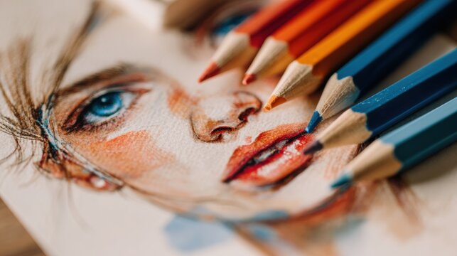 Artistic Rendering of a Young Woman’s Portrait With Colored Pencils Arranged Artistically Nearby During a Creative Session