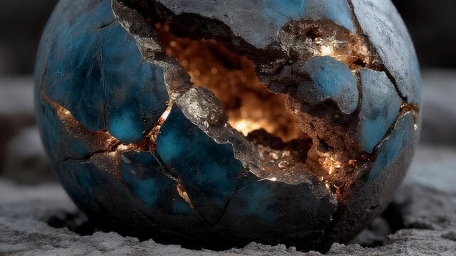Ancient cracked globe with glowing lava-like fissures. Symbolic representation of Earth's history, geological changes, and tectonic activity. Archaeology concept.