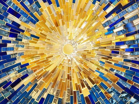 Sunburst Mosaic Mandala | Monir Farmanfarmaian Inspired Circular Artwork | Fiery Gold, Blue & Green Reflections
