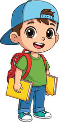 Cartoon boy with backpack holding books, cheerful school student illustration, vector art for education, learning, and children’s academic themed designs