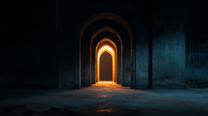 Fototapeta premium Light streams through ancient arches in a dimly lit corridor at dusk, revealing an intriguing passage ahead Generative AI