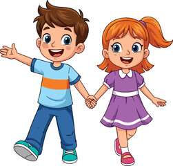 Fototapeta premium Cartoon boy and girl walking hand in hand, cheerful children friendship illustration, happy kids companionship, outdoor activity, childhood bonding vector art