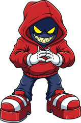 Cartoon mischievous character in red hoodie, dark blue face, glowing yellow eyes, sharp teeth, vector illustration for gaming, mascot, villain, and streetwear themes