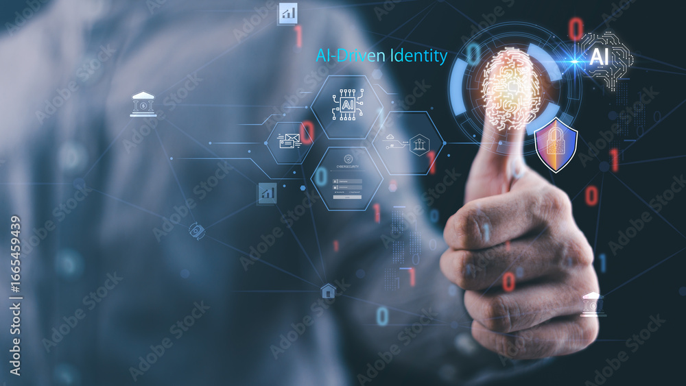 Poster biometric authentication powered by ai, secure fingerprint identity, cybersecurity solutions, encryp