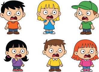 Cartoon children with surprised expressions, six diverse characters, emotional reaction poses, vector illustration for education, storytelling, games, animation, and children’s media