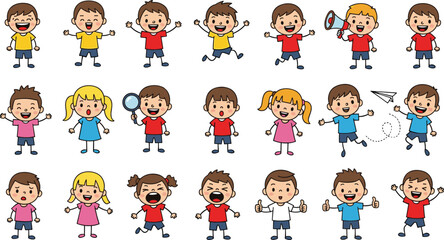 Cartoon children showing different emotions and activities, 20 character set for kids’ education, storytelling, and emotional learning designs
