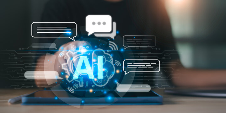 Artificial intelligence and machine learning concept with AI chatbot technology on touchscreen device. Digital transformation, smart automation, and natural language processing interface.