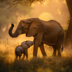 Naklejka premium Mother elephant gently guiding her baby with her trunk, intimate moment, soft lighting, warm golden hues, breathtaking animal photography, high-resolution details 