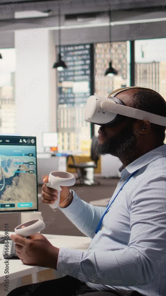 Poster engineer using virtual reality simulation to do clean energy production technology testing. man wear