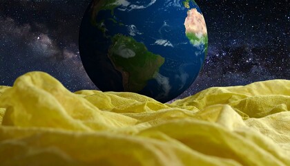 A vibrant yellow fabric drapes over a cosmic backdrop, showcasing the Earth suspended above.