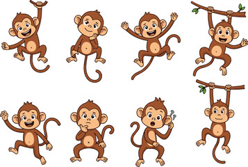 Set of eight cartoon monkeys, playful animal characters in various poses and expressions, vector illustration for children’s designs, education, jungle wildlife, and kids’ products