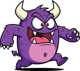Cartoon purple monster character, big horns, sharp teeth, fierce expression, running pose, cute creature design, fun mascot, vector illustration for games and animation