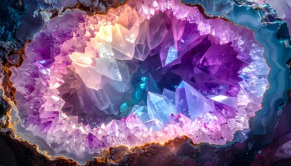 A Stunning Close-Up View of a Geode Revealing a Spectrum of Vibrant, Translucent Crystal Formations