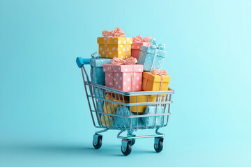 Shopping cart filled with colorful boxes stands against light blue background, creating bright composition. Soft pastel tones, gentle lighting, and subtle shadows enhance visual appeal for shopping