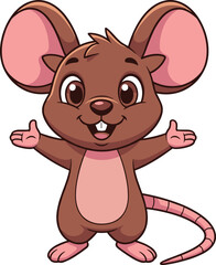Cute cartoon mouse with pink ears, long tail, and open arms, cheerful anthropomorphic animal character illustration for children’s books and playful designs