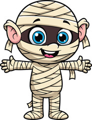 Cute cartoon mummy character with smiling face and outstretched arms, playful Halloween costume illustration for kids, parties, and seasonal designs
