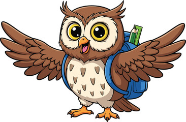 Cartoon owl with backpack, school supplies, cheerful bird character for education, learning, wisdom, back to school, vector illustration for children’s materials