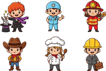 Cartoon characters in professional costumes, magician, doctor, firefighter, cowboy, chef, construction worker, vector illustration for education, careers, children’s media, and storytelling