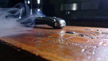 Obraz premium A dark, moody image of dense smoke drifting over a rustic wooden surface, with a metal object resting on top.
