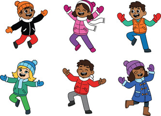 Cartoon children in colorful winter clothing, coats, hats, scarves, gloves, boots, joyful poses, vector illustration for seasonal activities, holidays, and children’s media