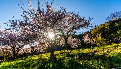 Blossoming trees stand tall against a vibrant spring sky, bathed in sunlight.