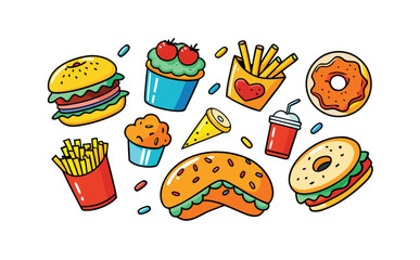 Colorful doodle fireworks exploding joyfully while shaped like fast food favorites such as burgers, fries, pizza, nuggets, and donuts.
