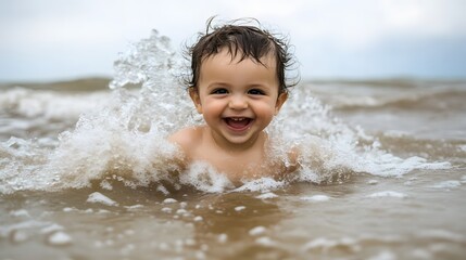 Joyful Baby Playing in Ocean Waves, Happy Child Summer Beach Fun