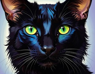 Close-up portrait of a black cat with vibrant green eyes
