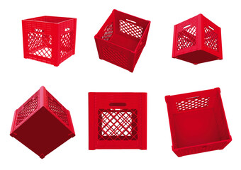 A red square plastic milk crate from six angles as vector file created by 3D modeling.