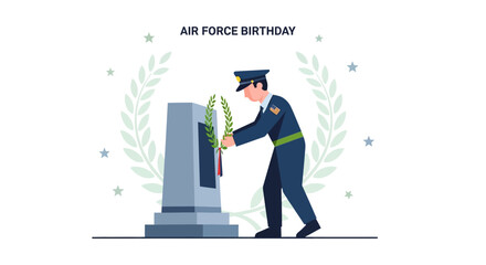 An Air Force soldier places a memorial wreath on a monument to celebrate the Air Force Birthday.